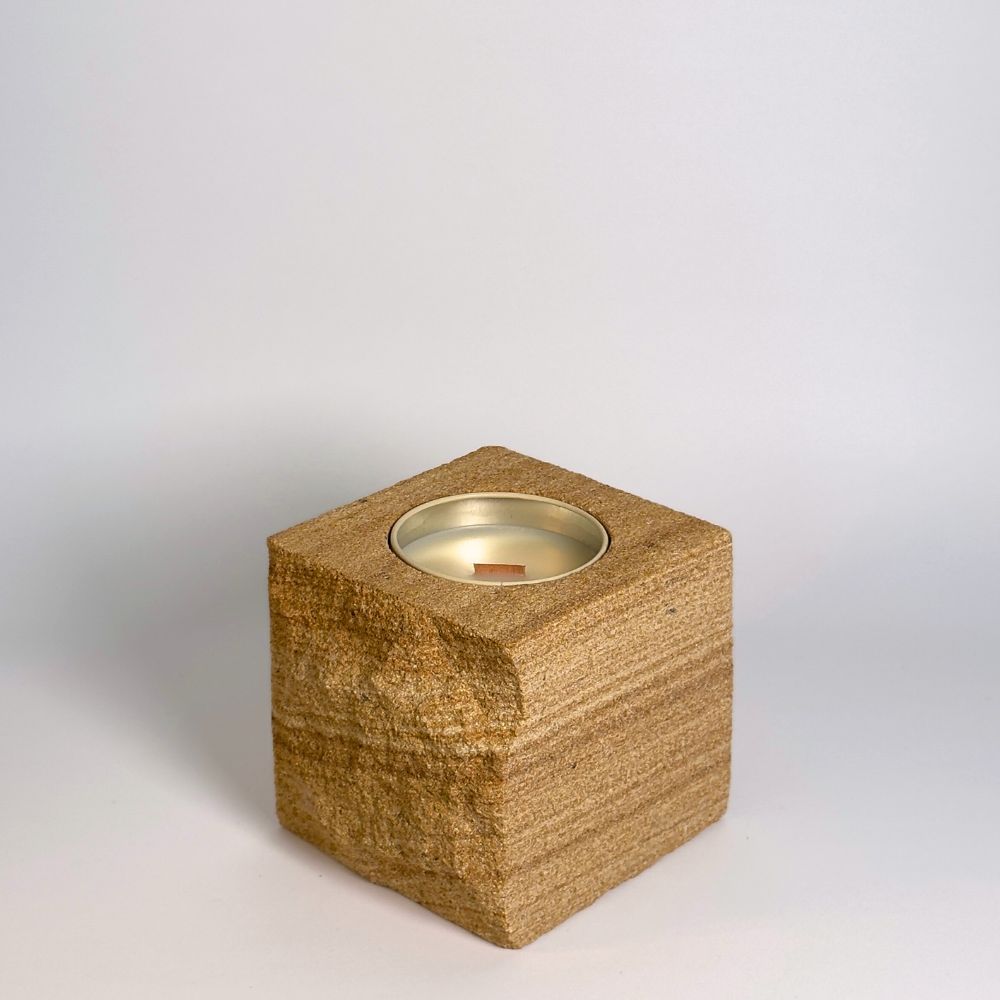 Banded 2 rck. refillable sandstone candle with rock faced side shown on the left