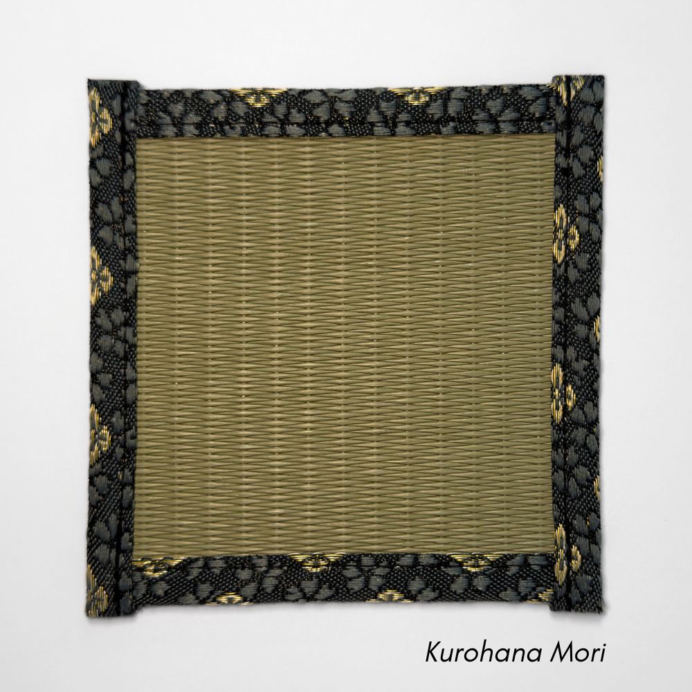 Square tatami coaster with an olive igusa centre and a deep navy border decorated with gold floral motifs.